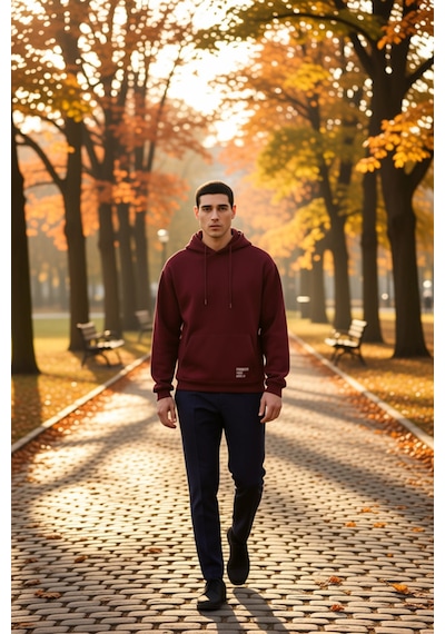 Benerly Erkek Kapüşonlu Düşük Kol Uzun Kollu Oversize Kalıp Sweatshirt Fo Bordo