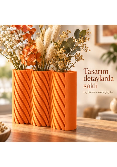Çizgili Modern Tasarım Üç Bölmeli Dekoratif Vazo - Çiçeklik Turuncu