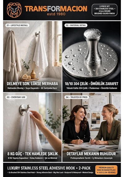2 Li Set Çelik Yapışkanlı Banyo Havluluk Mutfak Askısı Gümüş Bornoz Duvar Askılığı 4,5 Cm Çap 304 Paslanmaz 723453 Diğer