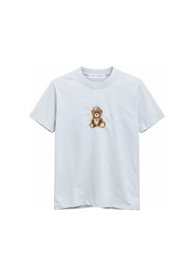 Mixray 2078 Kadın %100 Pamuk Ayıcık Nakışlı Bisiklet Yaka T-shirt Mavi