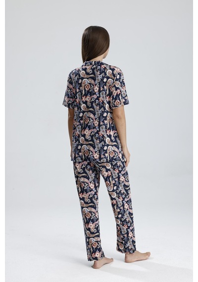 Kompedan Kadın Önden Düğmeli Şal Desen Pijama Takım Şal Dsn2