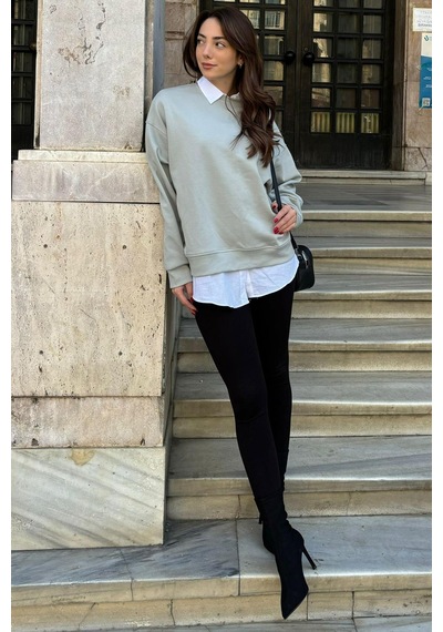 Boyalı Gri Bisiklet Yaka Basic Sweatshirt Mg2185