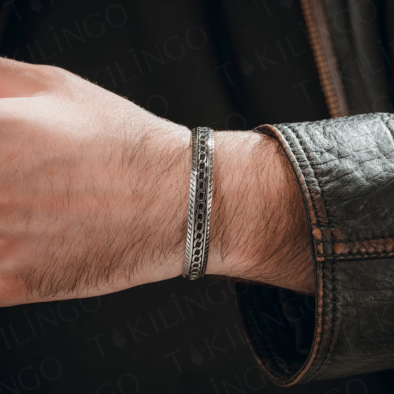 925 Ayar Gümüş Zincir Desenli Vintage Model Açık Cuff Hediye Erkek Bileklik Gümüş