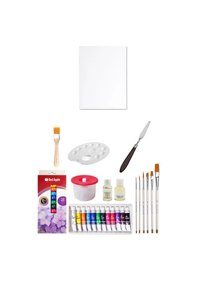 Red Apple Tüp Yağlı Boya Seti 12 Ml 12'li 25x35 Tuval Seti Metal Spatül Zemin Fırça Resim Paleti Çok Renkli