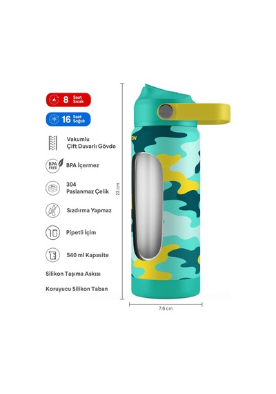 Puccon 540 Ml Kamuflaj Desenli Yeşil - Sarı Erkek Çocuk Pipetli Çelik Termos Matara/suluk - 60035