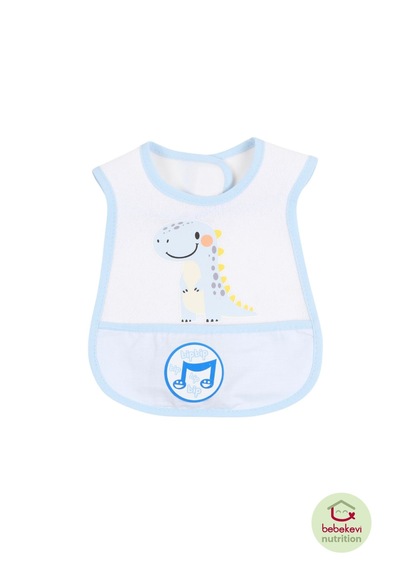 Düdüklü Cepli Sıvama Mama Önlüğü - Smiling Dino Mavi Bebek Önlüğü Açık Mavi