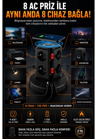 3680w Akım Korumalı Kule Priz 8 Ac Priz 1 Usb 2 Type-c Çoklu Priz Ev Ofis Kullanımı