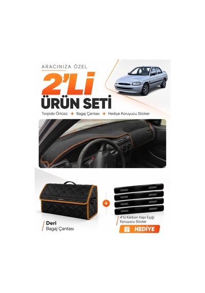 E-biz Ford Escort 1996-2002 Uyumlu Torpido Örtüsü + Deri Bagaj Çantası - Siyah-kahverengi - Fo014