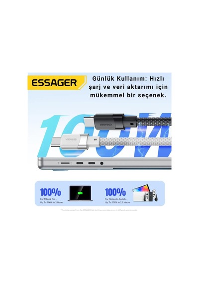 Essager 1 Metre Pd 100w Manyetik Süper Hızlı Type C To Type C Şarj Data Kablosu, Akım, Isı Korumalı