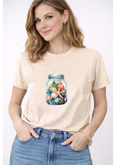 Herkesemoda Kadın Yazlık Deniz Temalı Baskı Detaylı Bisiklet Yaka Pamuklu T-shirt Bej