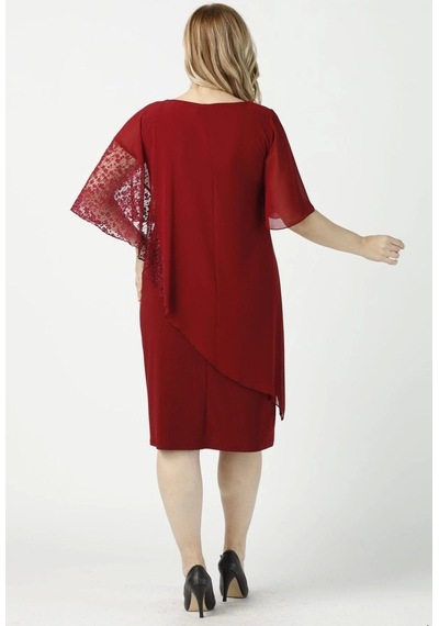 Moda Berray 4051 Bordo Pelerinli Esnek Kumaş Büyük Beden Elbise Bordo
