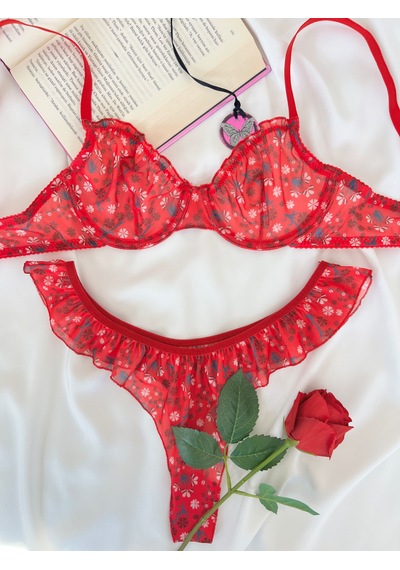 Arinda Butterfly Kırmızı Tül Çiçek Desenli Balenli Kapsız Fırfırlı Bralette Sütyen Tanga İç Çamaşırı Takımı Alt Üst 2 Parça