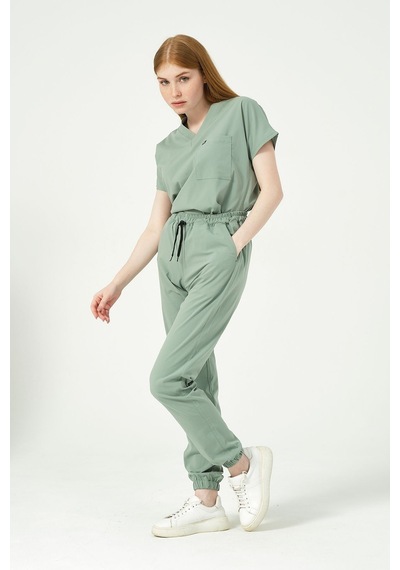 Çağla Yeşili Likralı Scrubs Jogger Paça Doktor Hemşire Forması Yarasa Kol Takım Unisex