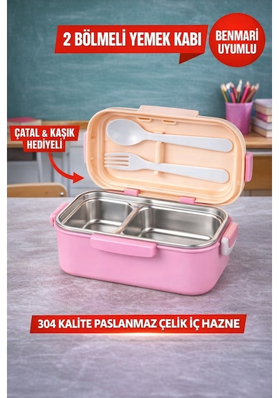 Pembe Benmarili Paslanmaz Çelik Yemek Kabı 2 Bölmeli Beslenme Kabı Saklama Kabı Lunch Box Diğer