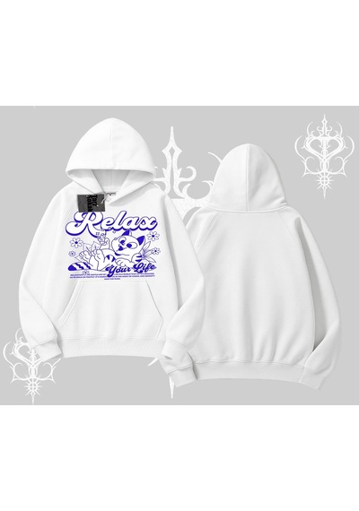 Startmore Relax Kedi Baskılı Kapşonlu Sweatshirt Beyaz