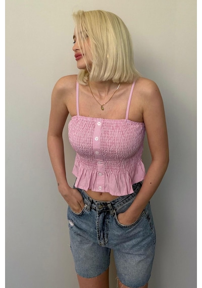 Madmext Pembe Ayarlanabilir Askı Pötikareli Crop Mg2371 Pembe