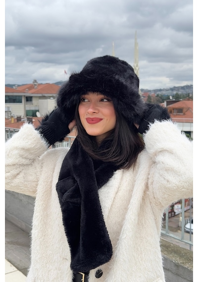 Mollycrush Suni Kürk Bucket Kalpak Atkı Eldiven 3'lü Set Kadın Kışlık Peluş Siyah 3'lü Takım Siyah