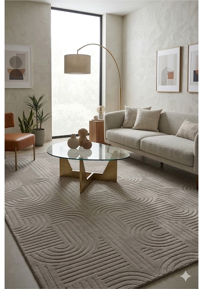 Vizon Kabartmalı Modern Halı Geometrik Desenli Soft Dokulu Dekoratif Halı Fch3018 Vizon