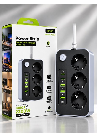 Akım Korumalı 3'lü Priz 2200w 1050j 10a Termal Korumalı 3 Usb 2 Type-c Şarj Girişli 0 - 2 M