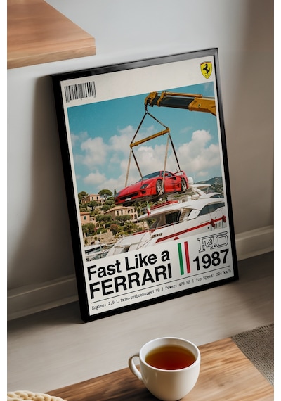 Ferrari F40 Siyah Ahşap Çerçeveli Poster, Dekoratif Araba Duvar Tablosu