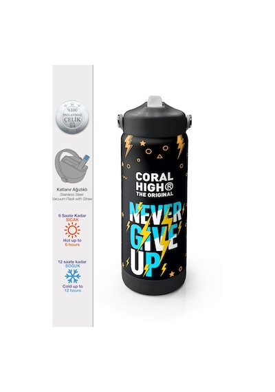 Coral High Siyah Never Give Up Desenli Katlanır Ağızlıklı Çelik Termos 650 Ml 38320 Siyah