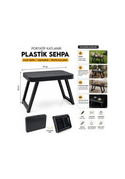10 Adet Küçük 47x33cm Kamp - Piknik Masası Siyah Plastik Katlanabilir Ayaklı 38cm Bx40 Açık Gri
