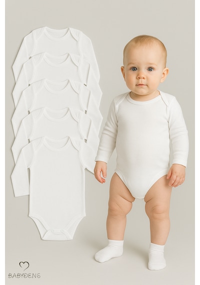 Babyden's 5 Li Set Uzun Kollu Bebek Zıbın Beyaz %100 Pamuk Çıtçıtlı Body Unisex 0-24 Ay İç Giyim Beyaz