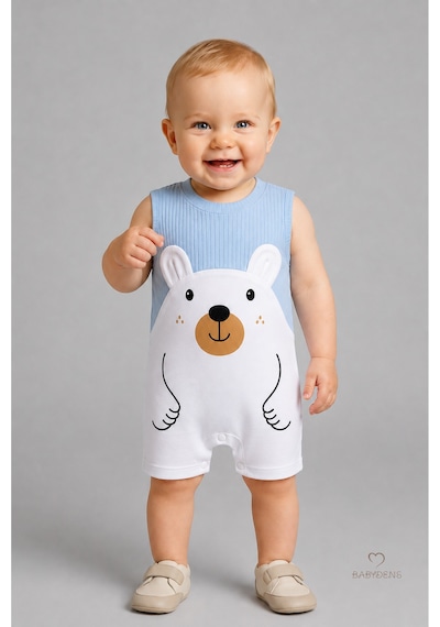 Babyden's Erkek Bebek Yazlık Ayıcık Baskılı Fitilli Tulum %100 Pamuk Kolsuz Şort Tulum Yenidoğan Bebek Romper 0-9 Ay Mavi
