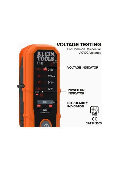 Kleın Tools Et40 Gerilim Kontrol Cihazı, Alternatif Gerilim, Voltaj Ve Dc Polaritesi, Piller Dahil