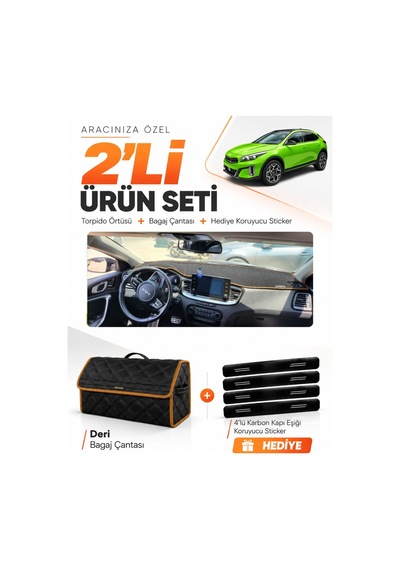 Kia X-ceed 2020-2025 Uyumlu Torpido Örtüsü + Deri Bagaj Çantası + Sticker Seti - Siyah Kahverengi