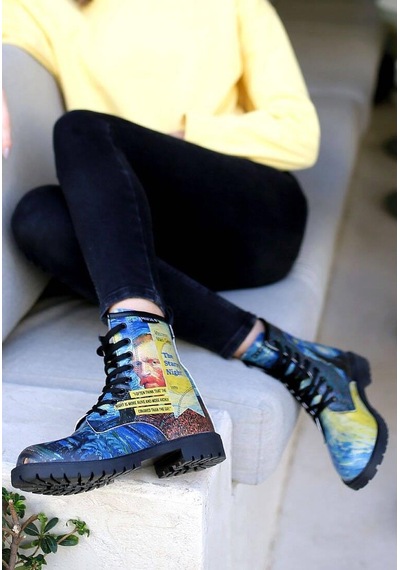 Kadın Vegan Deri Mavi Uzun Bot - Vincent Van Gogh The Starry Night Collage Muse Tasarım Multicolor
