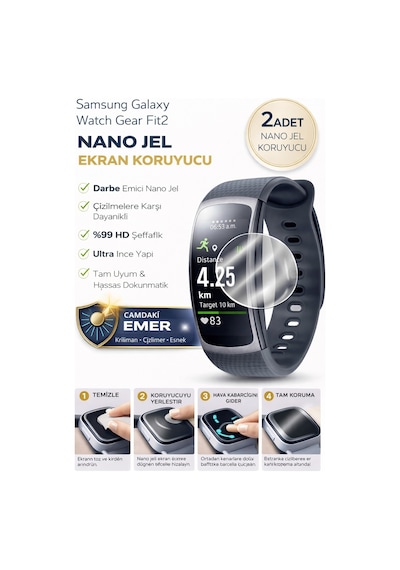 Samsung Galaxy Watch Gear Fit2 Uyumlu Nano Jel Ekran Koruyucu 2 Adet Darbe Emici Tam Kaplayan