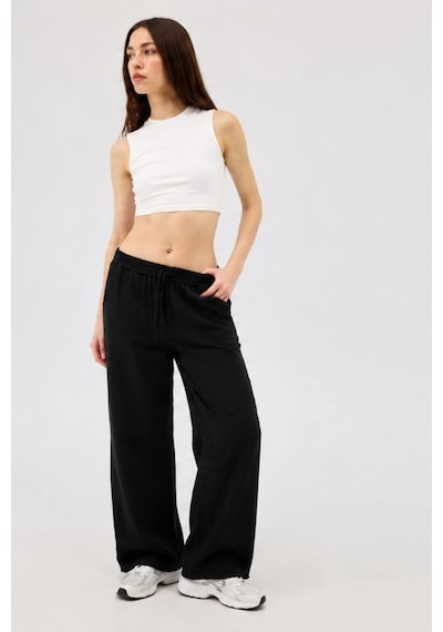 Dıanna Kadın Beli Lastikli Wide Leg Müslin Pantolon %100 Pamuk Geniş Bol Paça Rahat Ofis & Günlük Stil Siyah