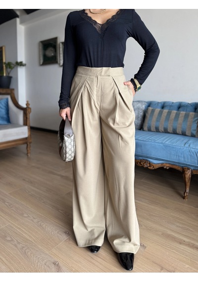 Keymoda Kadın Dökümlü Pileli Pantolon Bej