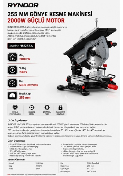 Heilber Hm255a Üstten Ve Alttan Tepsili 255mm Elektrikli Pro Gönye Kesme Ahşap Kesme Makinesi
