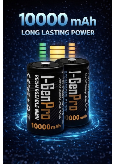 I-gen G32d 2'li Aa/aaa/c/d Pil Şarj Aleti + 2 Adet Pro D 10.000 Mah 1.2v Ni-mh Şarjlı D Büyük Boy Pilli Set