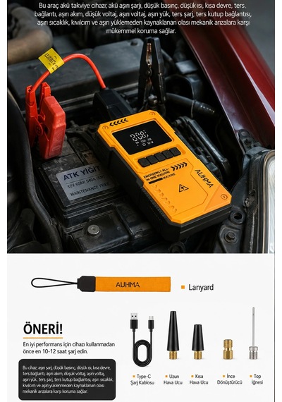 Exenar - Turuncu - Akıllı Akü Takviye Cihazı Hava Kompresörü 150psı Jump Starter 10000mah Mah 4in1 Marş Ve Hava Pompası