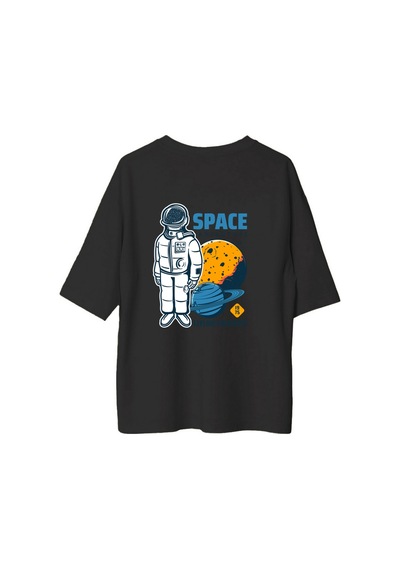 Paybuy Kadın Oversize Grafik Baskılı Tişört Uzay Teması Retro Astronot G Siyah