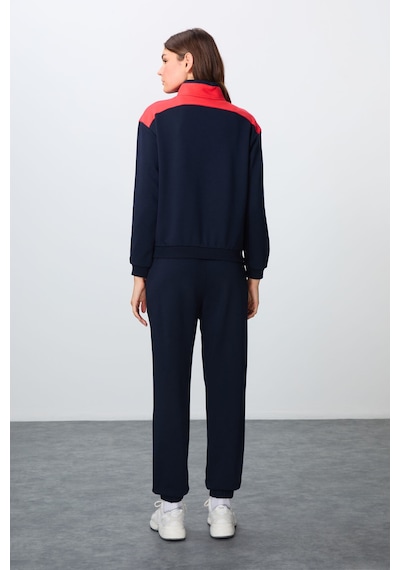 Tommy Life İndigo Kompakt Pamuklu Kalın Pürüzsüz Dokulu Dik Yaka Oversize Fit Kadın Eşofman Takım - 95342 Indıgo İndigo