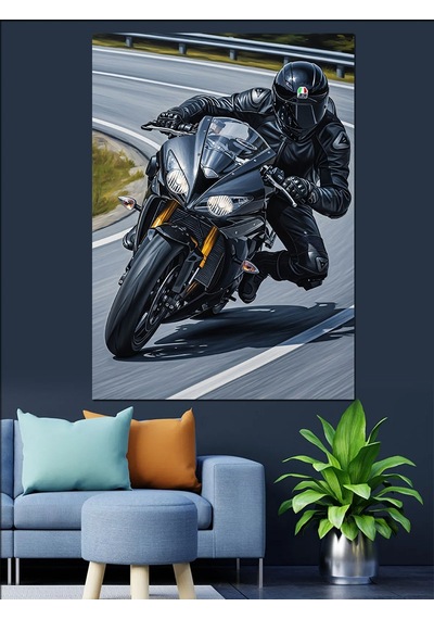Ahşap Tablo Siyah Kasklı Modern Motorcu
