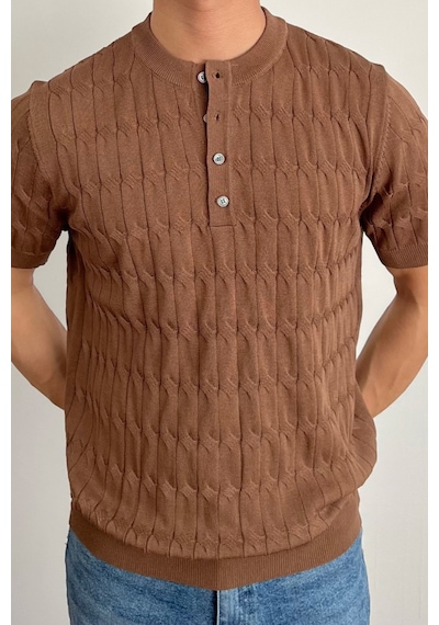 Tarz Cool Erkek Hakim Yaka Düğmeli Slim Fit Triko T-shirt Kahverengi