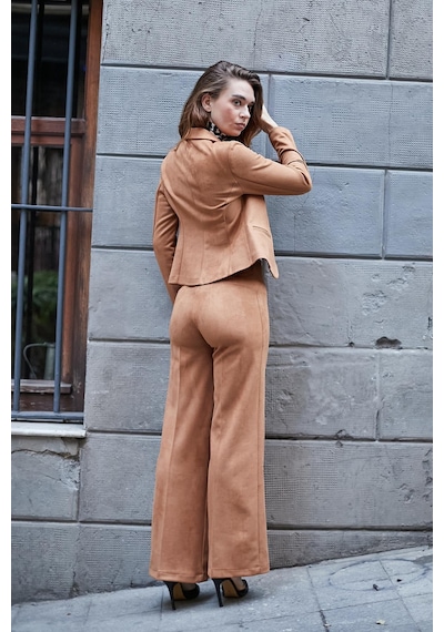 Hafif Likralı Süet Kumaş Flato Cepli Uzun Kol Kısa Blazer Ceket-camel CAMEL