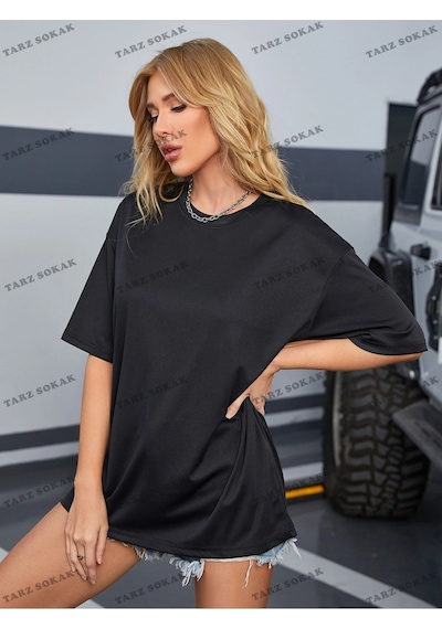 Startmore Düz 4 Baskısız Baskılı Oversize Kalıp Unisex T-shirt Siyah