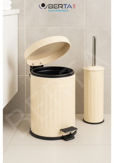 Vintage Banyo Seti Beyaz Çöp Kovası 5lt Tuvalet Fırçası Lüks Model - Mini Boy Çöp Poşeti Hediyelidir Krem