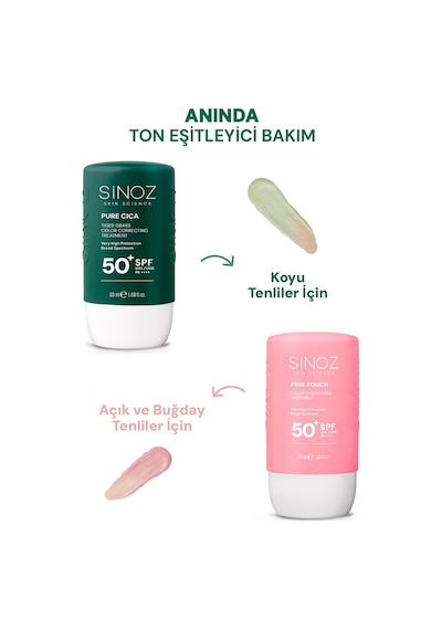 Sinoz Pure Cica Tiger Grass Anında Ton Eşitleyici Onarıcı ve Nemlendirici Sıvı Yüz Güneş Kremi SPF50+ PA++++ 50 ML
