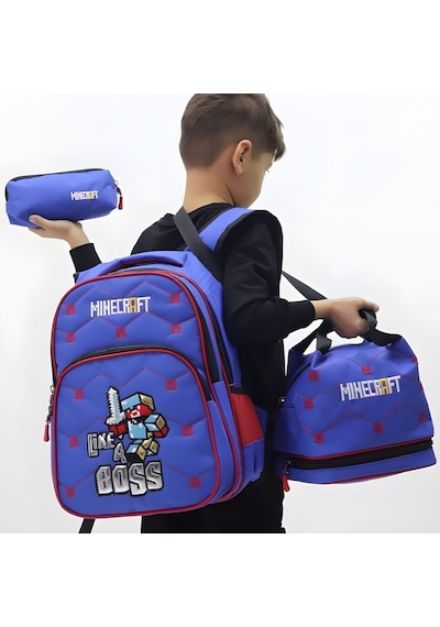 Erkek Çocuk 3 Lü Okul Çanta Seti Sırt Çantası, Beslenme Çantası Ve Kalemlik Mavi Minecraft
