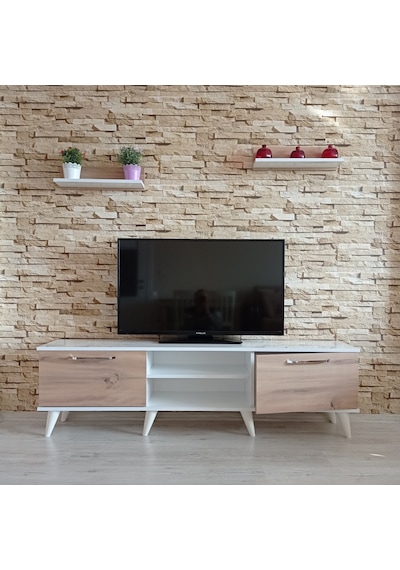 Mobilyasepeti Mobilya Sepeti (Ms 80) Mdf Tv Ünitesi Dolabı,Raflı,Beyaz,Ceviz