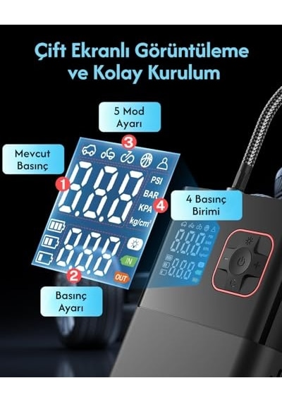 6000mah Led Işıklı Çantalı Powerbank Özellikli Şarjlı Ve Kablolu Dc12v Araç Motor Bisiklet Top Lastik Şişirme Hava Kompresörü 130w