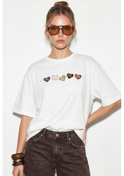 Shade Kadın Bisiklet Yaka Kalp Baskılı Oversize Pamuklu T-shirt Öt100012 60286271 - Beyaz