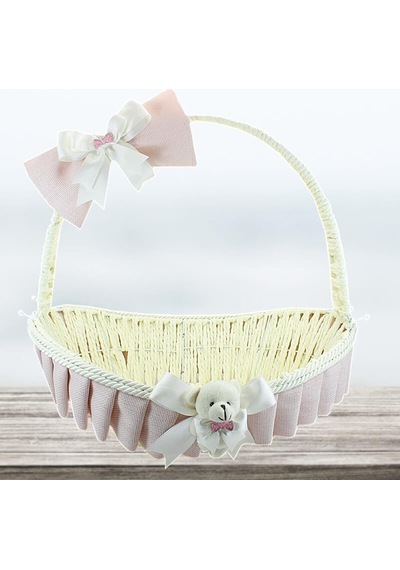 Saplı Oval Kumaş Süslü Sepet 36 Cm Orta Boy Pembe